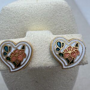 Vintage Cloisonné Heart Pierced earrings white
